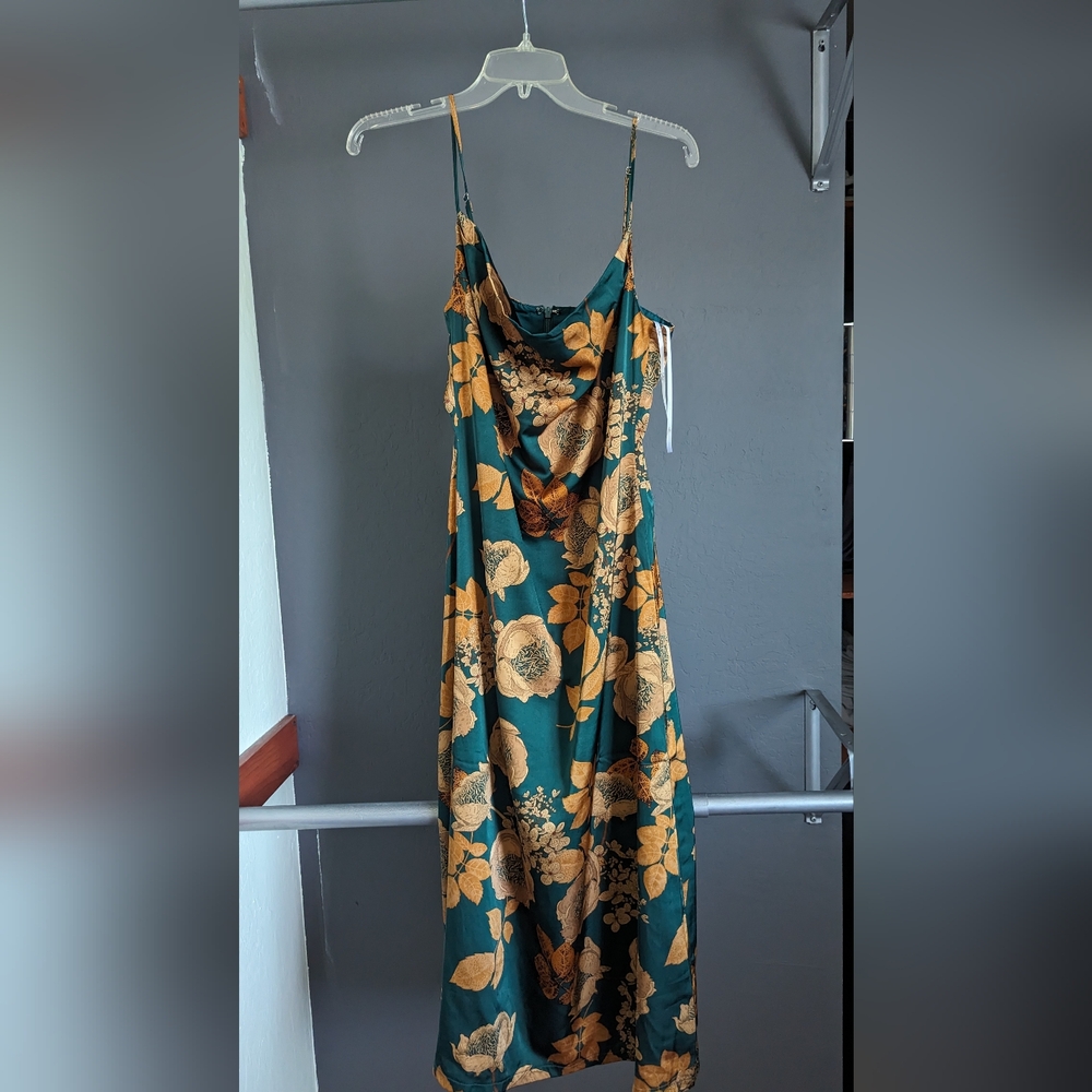 Lulus Favorite Icon Green Floral Satin Cowl Neck Slip Midi Dress
